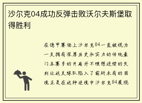 沙尔克04成功反弹击败沃尔夫斯堡取得胜利